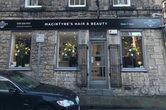 Macintyre's Hair & Beauty stone shopfront in Edinburgh
